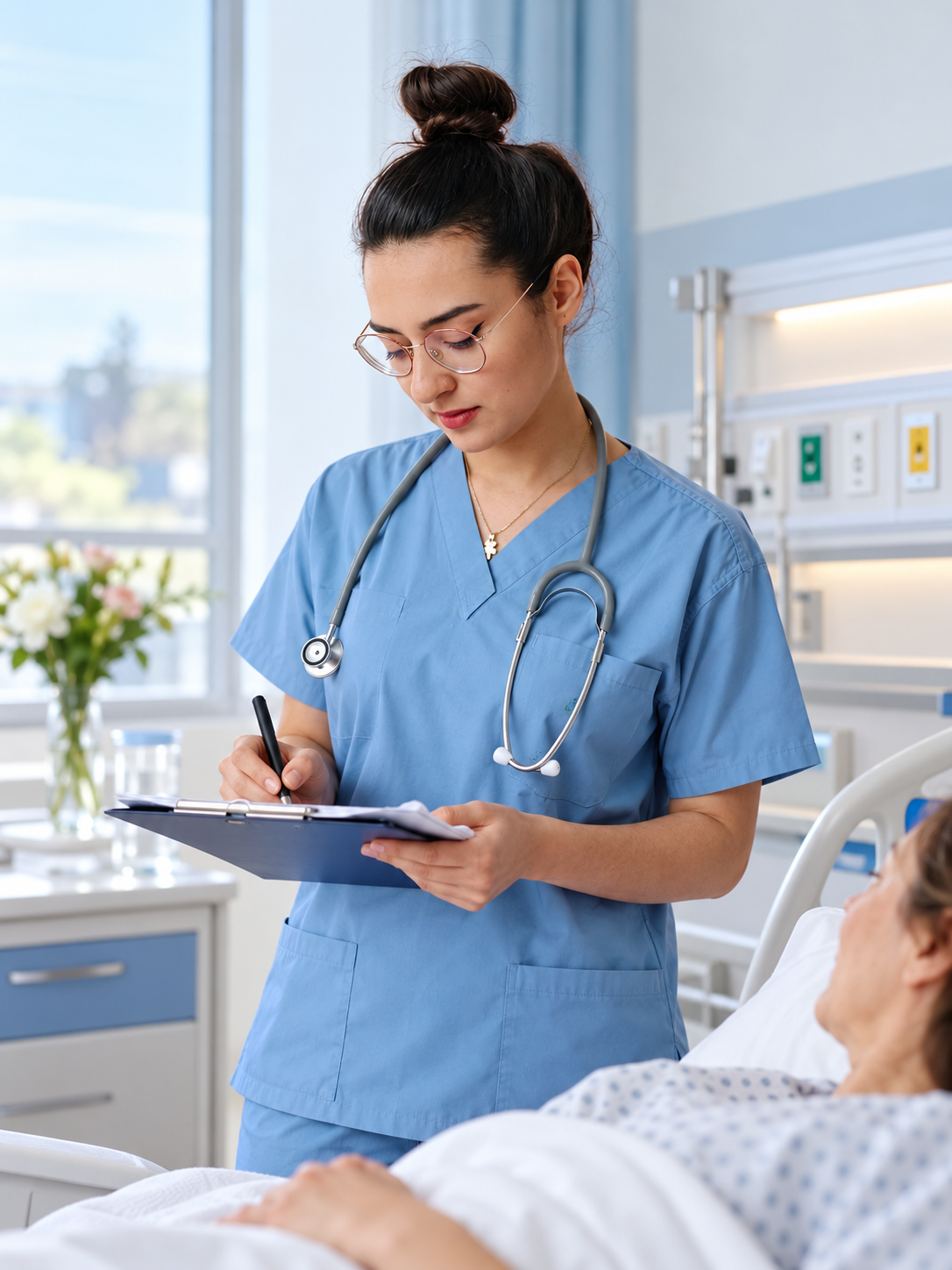 Young adult nurse in blue scrubs writing on a clipboard beside a patient in a hospital bed