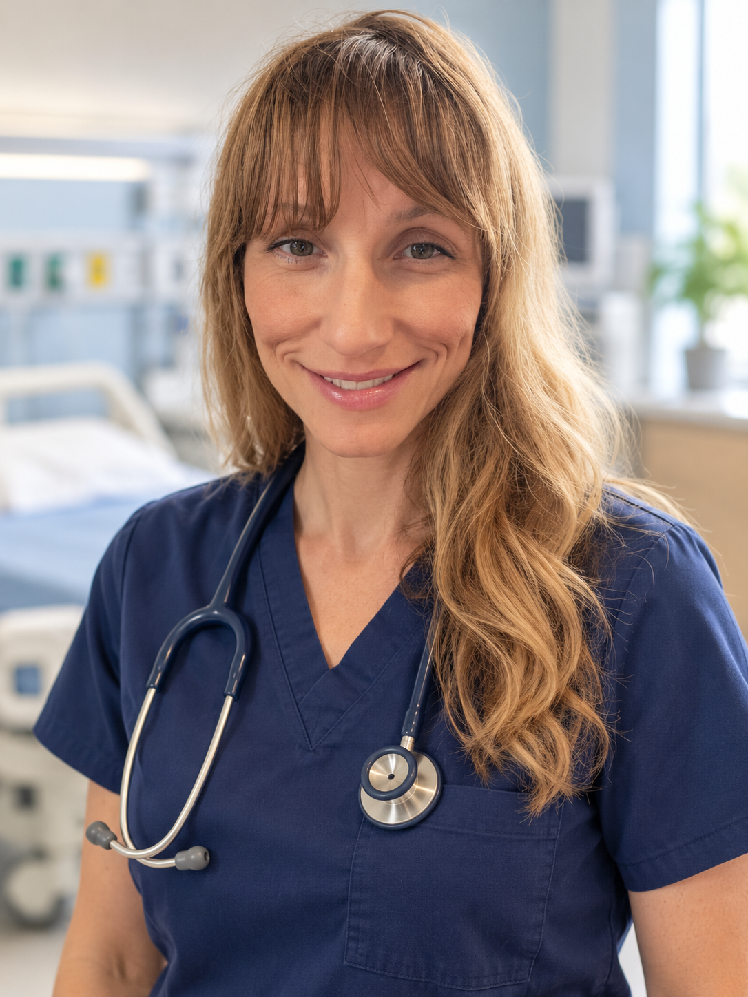 Renee Klofanda in navy scrubs with a stethoscope